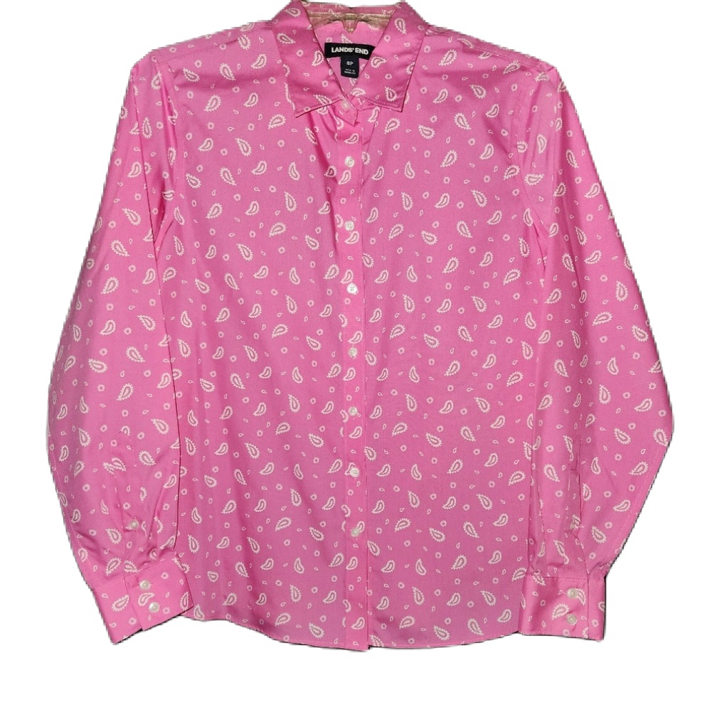 Lands' End Pink And White Paisley Long Sleeve No Iron Blouse Size 8p
